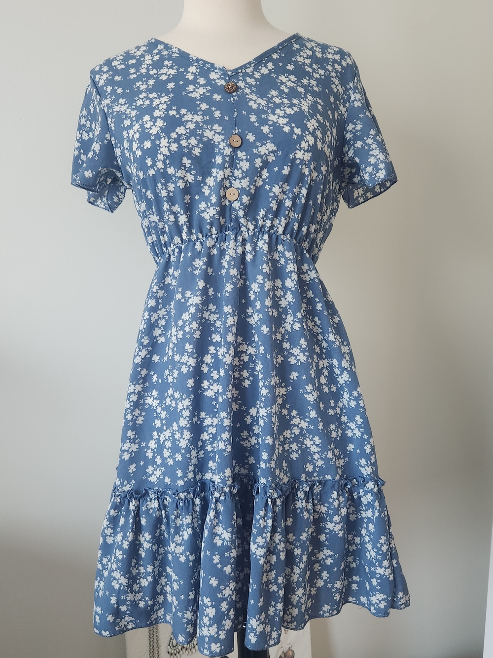 Blue Floral Button-Front Tiered Dress